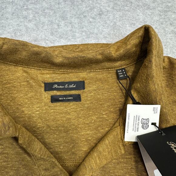 Porter & Ash Linen Polo Shirt Mens S Mustard Gold Short Sleeve Pullover V-neck - Picture 2 of 9
